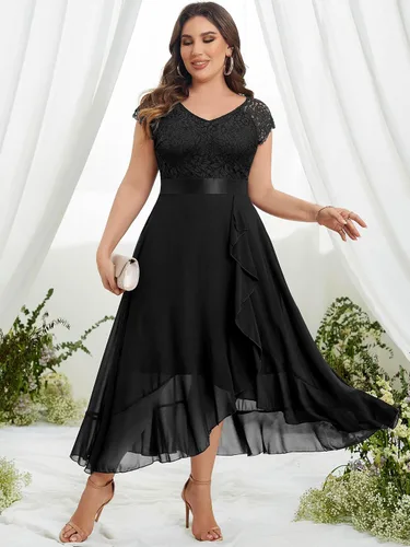 Vista 3 de Miusol Vestido largo de dama de honor elegante con cuello en V y encaje floral y dobladillo asimétrico para mujer