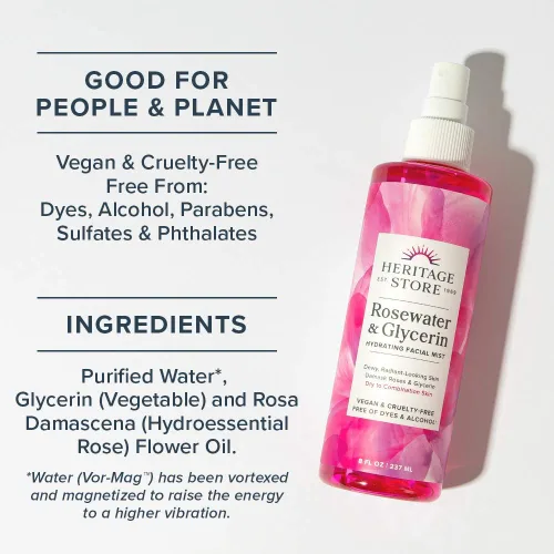 Vista 4 de HERITAGE STORE Paquete de agua de rosas y glicerina Bruma facial hidratante para piel radiante y húmeda Sin tintes ni alcohol, 8 onzas, 4 onzas