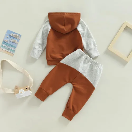 Vista 157 de Ropa de bebé niño 3 6 9 12 18 24M 3T Conjunto de pantalones con capucha patchwork sudadera con capucha pantalones de rayas traje de otoño invierno