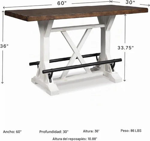 Vista 3 de Signature Design by Ashley Valebeck - Mesa de comedor de altura de mostrador de 36 pulgadas estilo rústico de granja de dos tonos – Marrón/Blanco
