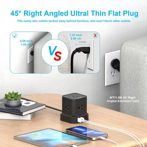 Vista 4 de Regleta de alimentación con USB, USB C (3.0 A) con 5 tomas, 2 USB-C y 2 USB-A, cable de extensión plano de 5 pies con enchufe plano ultrafino