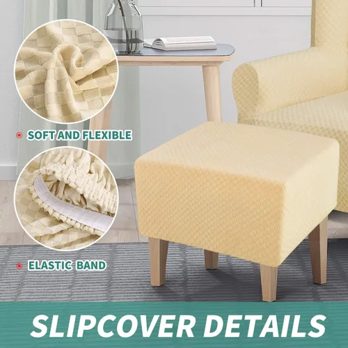 Vista 5 de YEMYHOM 1 funda elástica para silla con respaldo de ala + funda otomana de tamaño pequeño (beige)