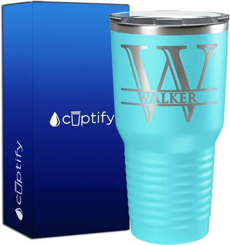 Vista 122 de Vaso personalizado de regalo de cumpleaños para mujeres y hombres, con monograma de escritura dividida, inicial y nombre grabado en negro, taza