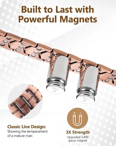 Vista 3 de Feraco Pulsera de cobre para hombre, 3 veces más fuerza, pulsera de terapia magnética, joyería de cobre con potentes imanes de 3800 Gauss