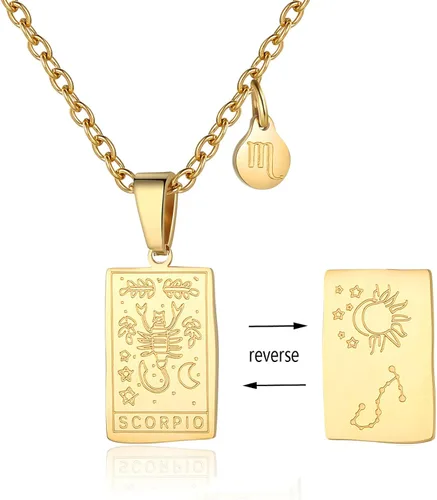 Vista 3 de Collar con signo del zodiaco para mujer, colgante de tarjeta de tarot de constelación, doble cara, oro, acero inoxidable, resistente al agua, no se
