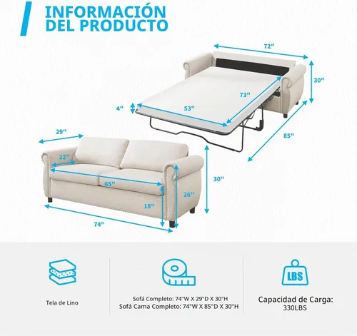 Vista 3 de Mjkone Sofá cama extraíble de tamaño matrimonial con colchón de espuma de 3.2 pulgadas, sofá cama convertible 2 en 1 con reposabrazos de cabeza