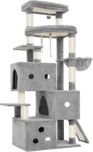 Vista 4 de Heybly Árbol para gatos, torre aerodinámica de 74 pulgadas para gatos grandes con condominios apilados de 3 niveles, muebles para gatos con percha