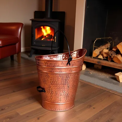 Vista 5 de Cubo grande de cobre para pellets de metal, carbón, chimenea, cenizas, con mango de hierro forjado, acabado antiguo, contenedor rústico duradero