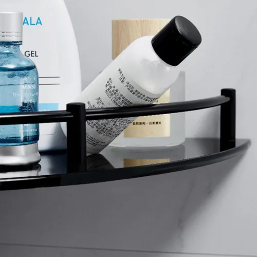 Vista 3 de Estante de baño de vidrio con riel inoxidable, estante de ducha esquinero de vidrio negro, organizador de ducha con agujero de taladro para montaje
