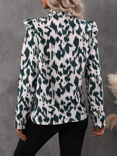 Vista 2 de OYOANGLE Blusa de manga larga con estampado floral y ribete de volantes para mujer