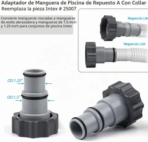 Vista 3 de Adaptador de manguera de piscina A con collar para bomba de conexión roscada Intex, convierte mangueras de 1.5 y 1.25 pulgadas (paquete de 2)