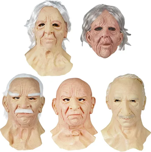Vista 2 de Máscara realista de hombre anciano, cubierta facial de Halloween, máscara de látex visible para la cabeza, máscara novedosa para disfraz de fiesta