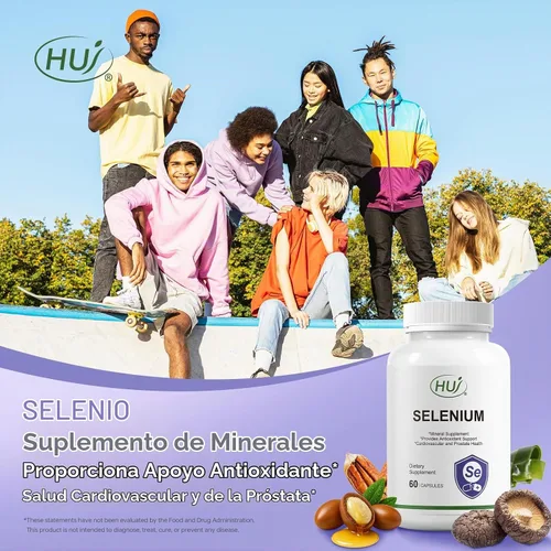 Vista 2 de HUJ Suplemento de selenio, 60 cápsulas, soporte antioxidante, suplemento mineral