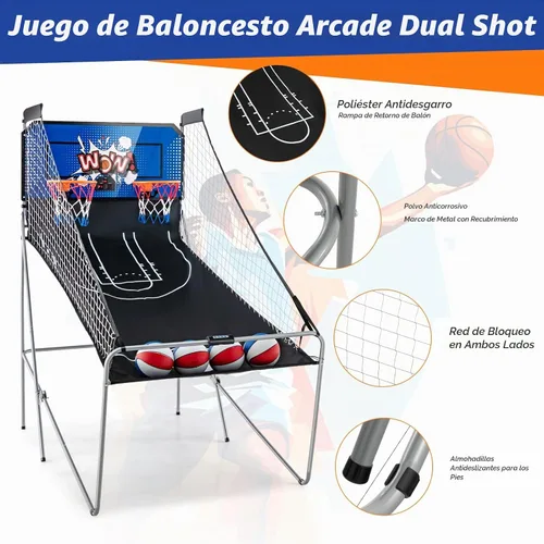 Vista 5 de GYMAX Juego de baloncesto arcade plegable para interiores con 8 modos de juego, sonido de arcade, 4 bolas y bomba de inflado, juegos de baloncesto