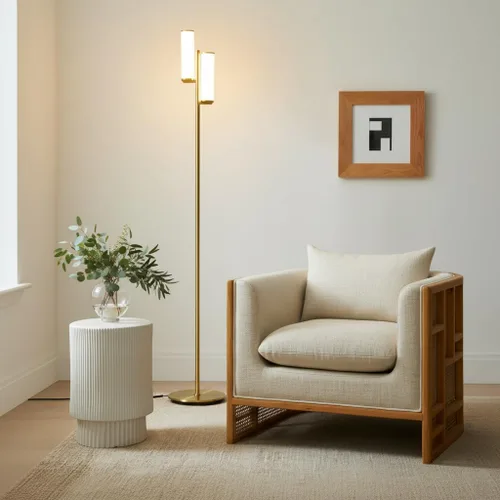 Vista 8 de Brightech Gemini - Lámpara de pie regulable con dos luces, moderna lámpara de árbol alto para dormitorio, oficina, sala de estar, oro/latón