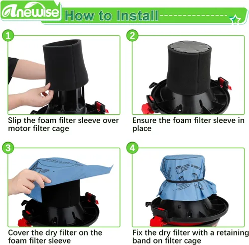 Vista 3 de Anewise Paquete de 6 Filtros de Disco de Papel Seco 90107 y Paquete de 3 Filtros de Manga de Espuma 90585 para Shop Vac Húmeda/Seca para Vacmaster