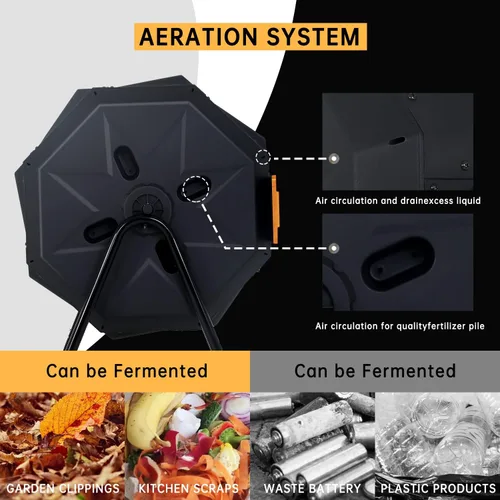 Vista 5 de Contenedor de compostaje para exteriores, doble cámara, capacidad de 43 galones, sin BPA, vaso de compostaje giratorio por lotes con puertas Naranja
