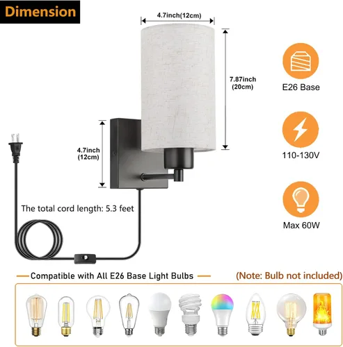Vista 4 de KOONTING® Juego de 2 apliques de pared enchufables, lámpara de pared rústica con cable de enchufe e interruptor de palanca de encendido/apagado, Lino