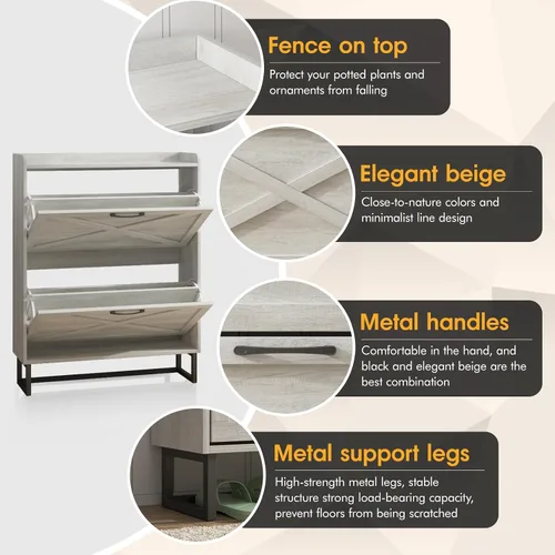 Vista 4 de Maupvit Gabinete de almacenamiento para zapatos con 2 cajones abatibles, organizador independiente con patas de metal para entrada, gabinete Beige