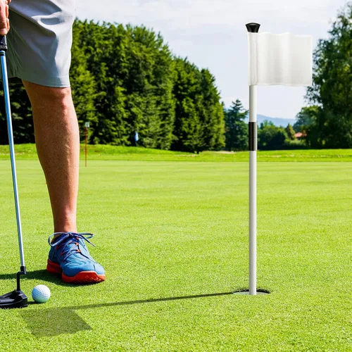 Vista 6 de Pelopy Juego de 3 palos de golf para poner golf, palo de bandera verde para patio, portátil, fibra de vidrio, 2 secciones para astillar, campo