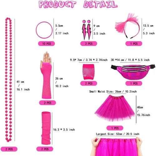 Vista 2 de WILDPARTY Accesorios de disfraz de los años 80 para mujer, camiseta, tutú, riñonera, diadema, aretes, collar, guantes de red, calentadores de piernas