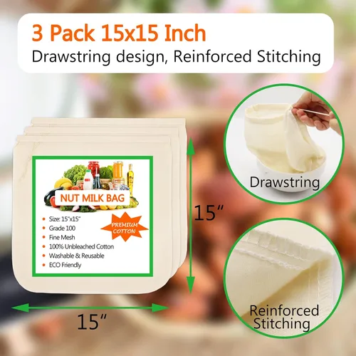Vista 2 de Paquete de 3 bolsas de leche de nuez de 15 x 15 pulgadas, bolsas de estopilla para colar, reutilizables, 100% tela de algodón sin blanquear, colador