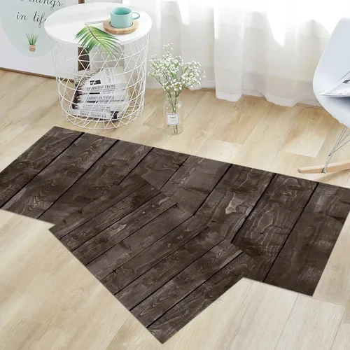 Vista 9 de GUBIYU Juego de 2 alfombras y tapetes de cocina de madera campestre, lavables, rústicas, tablones de madera marrón, alfombras de baño