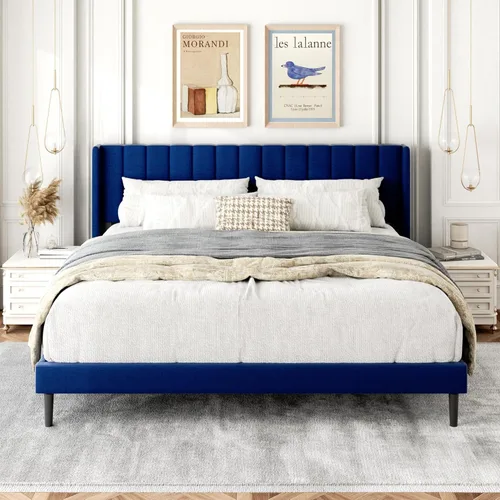 Vista 28 de Gruwans Base de cama de tamaño individual con cabecera tapizada con respaldo de ala, plataforma de fácil montaje, soporte de listones de madera,