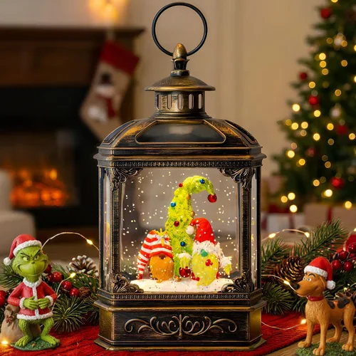Vista 19 de Gnomos de Navidad de 10 pulgadas, linterna de globo de nieve iluminada, caprichoso árbol de Navidad y elfo escandinavo, linterna de agua musical