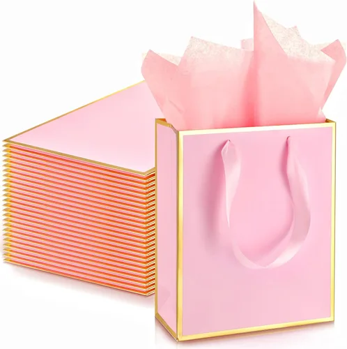 Vista 16 de Yeaqee Paquete de 24 bolsas de regalo de papel metálico con asa y tejido de 9 x 7 x 3.1 pulgadas, papel de aluminio dorado, bolsas de agradecimiento