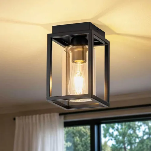 Vista 12 de Mayful Lámpara de techo de montaje empotrado con pantalla de cristal transparente, lámpara de techo de marco de metal negro para granja para isla