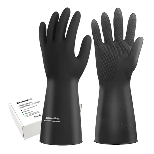 Vista 8 de Guantes de limpieza de goma gruesos, 1 par de guantes de goma negros para lavar platos, medianos, guantes de cocina antideslizantes para lavar