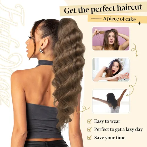 Vista 4 de Flufymooz Extensión de cola de caballo, 26 pulgadas, ondulado, con cordón, extensión de pelo largo, extensión de pelo sintético suave para mujer