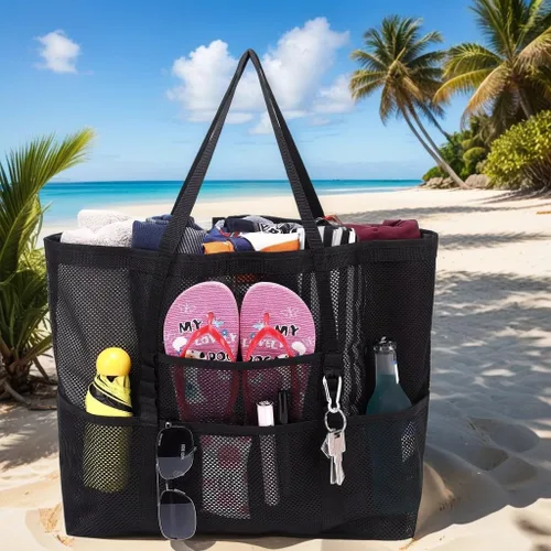 Vista 4 de Bolsa de playa de malla para mujer, plegable, para natación, vacaciones y bolsa de juguetes