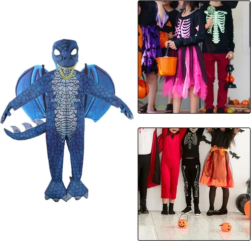 Vista 6 de Yiju Child Dragon Costume, Boys Dragon Wing, Tail and Mask Set for Halloween Dress Up Party Supplies, Blue Size L 130cm