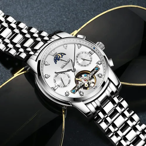 Vista 9 de OLEVS Reloj automático (no requiere batería) Relojes de pulsera para hombre, relojes mecánicos de cuerda automática, reloj clásico de esqueleto