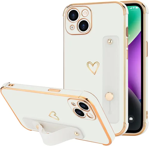 Vista 11 de LLZ.COQUE Funda compatible con iPhone 12 para mujeres y niñas, parachoques chapado de lujo con bonito diseño de corazón de amor, soporte de correa