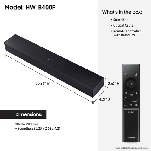 Vista 6 de Samsung Barra de sonido HW-B400F Serie B, 2.0 canales con woofer incorporado, mejora de voz y modo nocturno, expansión de sonido envolvente