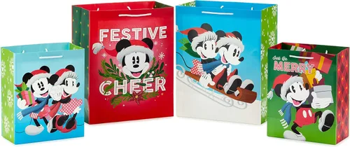 Vista 5 de Hallmark Bolsas de regalo de Navidad de Mickey y Minnie en varios tamaños (4 bolsas: 2 medianas de 9 pulgadas, 2 grandes de 13 pulgadas) para niños