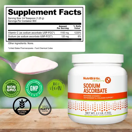 Vista 5 de NutriBiotic - Polvo de vitamina C tamponada con ascorbato de sodio, 2.2 libras Vegano, no ácido y más fácil de digerir que el ácido ascórbico