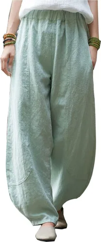 Vista 6 de Pantalones de lino y algodón holgados para mujer, con cintura elástica para relajarse. Pantalones estilo harén Verde militar