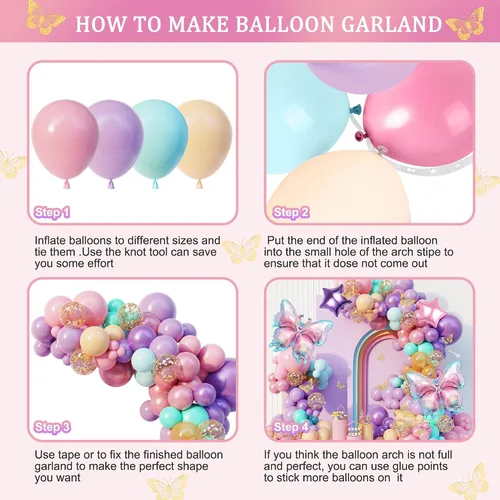 Vista 3 de Kit de guirnalda de arco de globos de mariposa rosa y morado de 163 piezas