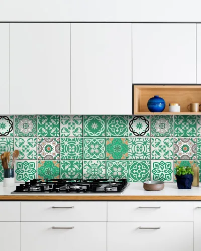 Vista 2 de Juego de 24 pegatinas para azulejos con diseño de talavera, para baño y cocina, fáciles de aplicar, simplemente despegar y pegar para decoración