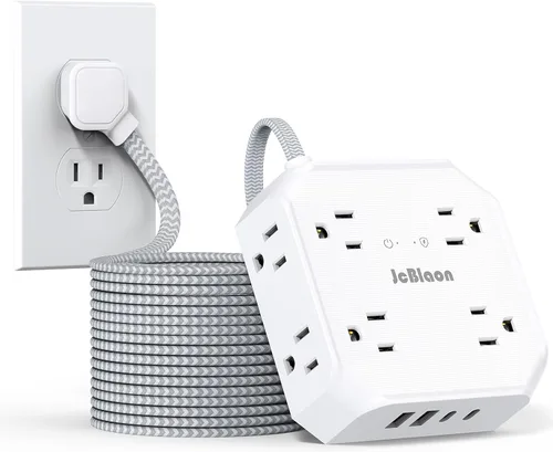 Vista 11 de Protector de sobretensiones - Cable de extensión de enchufe plano de 15 pies con 8 tomas amplias y 4 puertos USB (2 USB C), extensor de salida