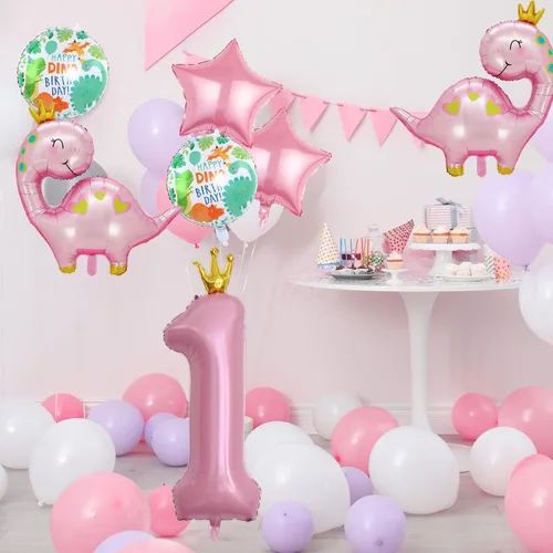 Vista 4 de 7 globos de dinosaurio con corona rosa, globos de aluminio Mylar para cumpleaños de niñas, suministros de primera fiesta color rosa
