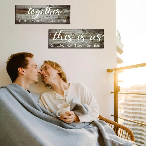 Vista 5 de Jetec 2 letreros de madera para pared del hogar, decoración de pared con texto en inglés "This Is Us", color gris antiguo