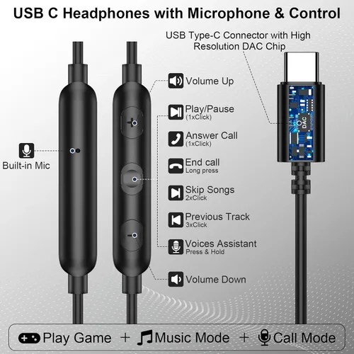 Vista 6 de Auriculares USB C con cable para Samsung S26 Ultra S25 A16 A17 A36 Z Flip plomizo