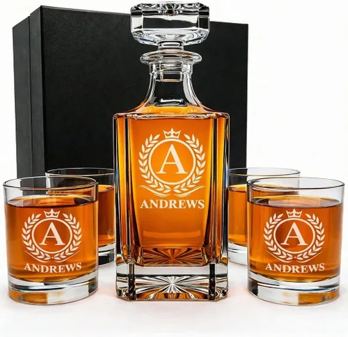 Vista 10 de Juego de decantador de whisky personalizado con vasos para papá, juegos de decantadores de bourbon personalizados, 4 diseños, vasos de whisky