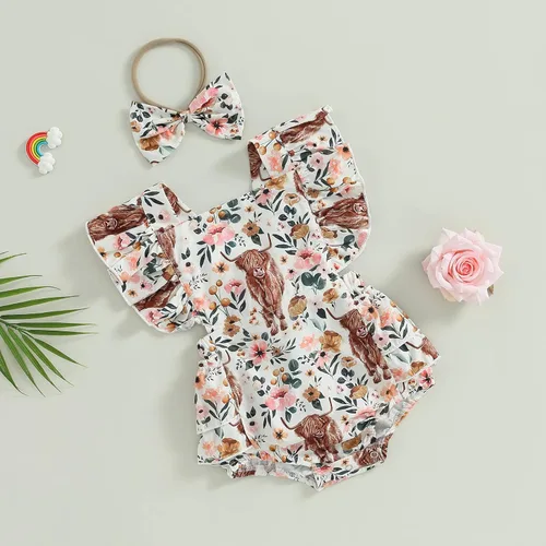 Vista 3 de Karuedoo Ropa de bebé del oeste con estampado de vaca, sin mangas, con volantes, traje de vaquera