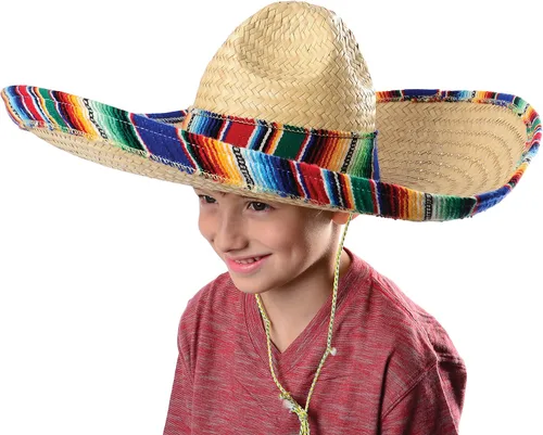 Vista 6 de GiftExpress Sombrero mexicano para adultos con ribete de serape, 21 pulgadas de ancho auténtico sombrero para Cinco de Mayo, sombrero de paja